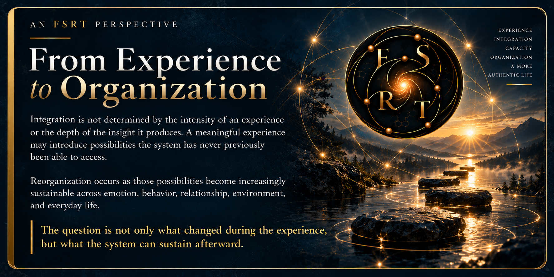 FSRT Perspective on Integration as Reorganization, illustrating how meaningful experiences become lasting change as new possibilities become sustainable across emotion, behavior, relationships, environment, and everyday life.