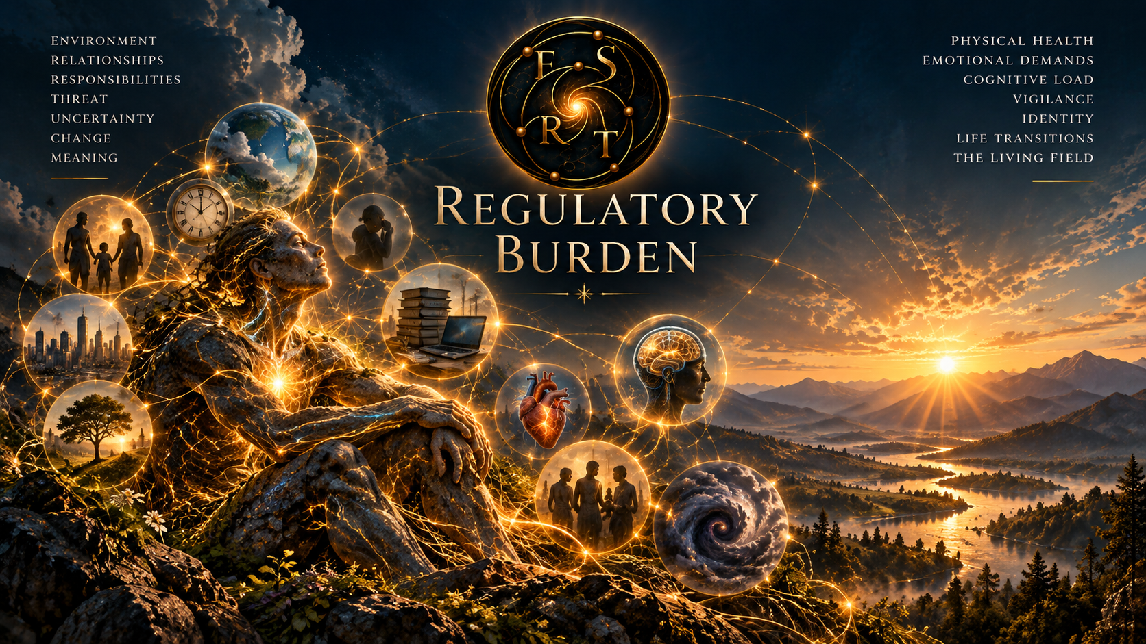 FSRT illustration of Regulatory Burden, representing the cumulative demands placed on a living system across relationships, environment, health, identity, and the Living Field.