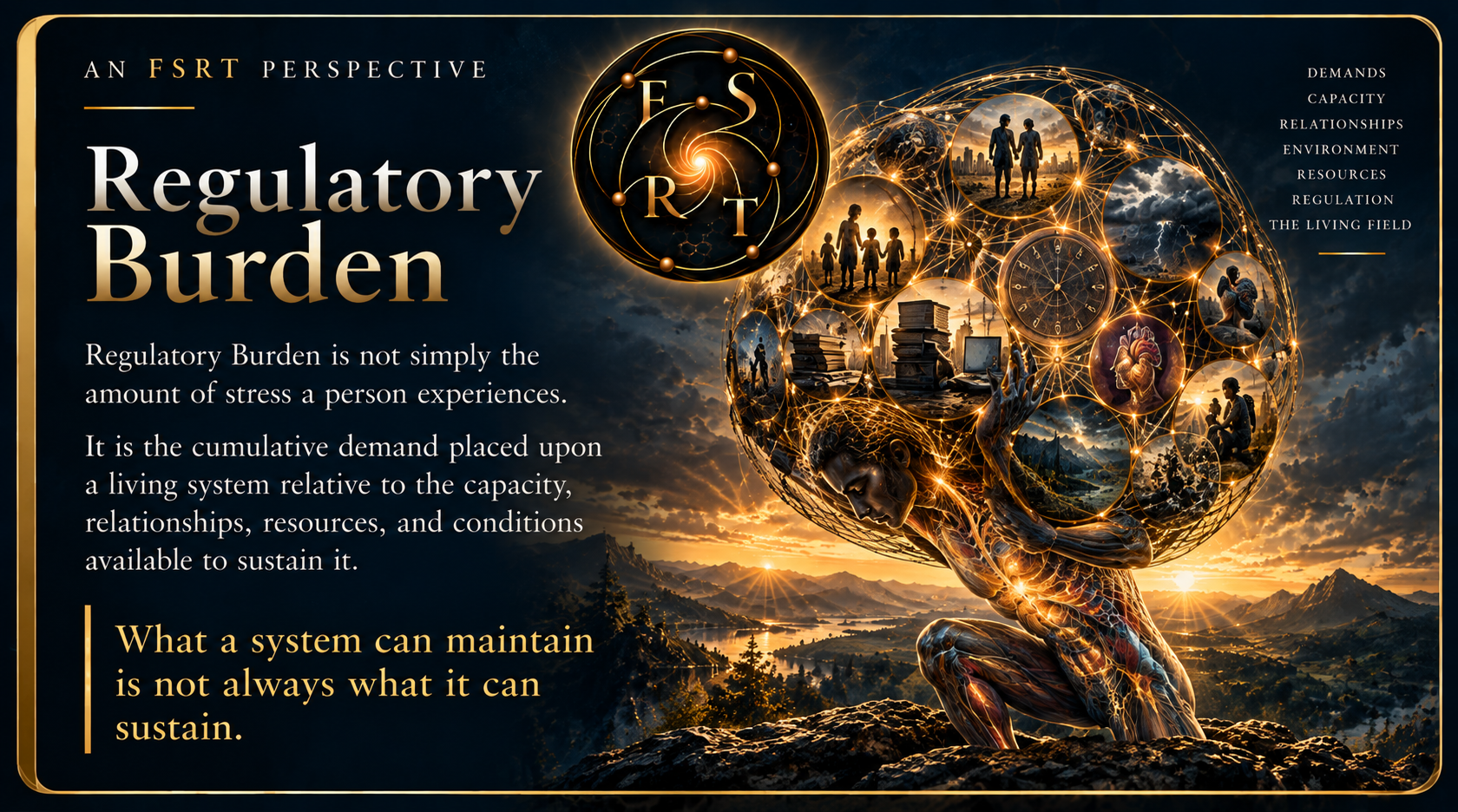 FSRT perspective on Regulatory Burden, illustrating the relationship between cumulative demands, regulatory capacity, relationships, resources, and the Living Field.