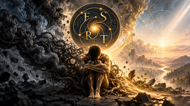 Sacred Distress illustration showing a person surrounded by darkness and tangled patterns opening toward light, representing the FSRT concept of suffering as a potential signal of adaptation and reorganization.