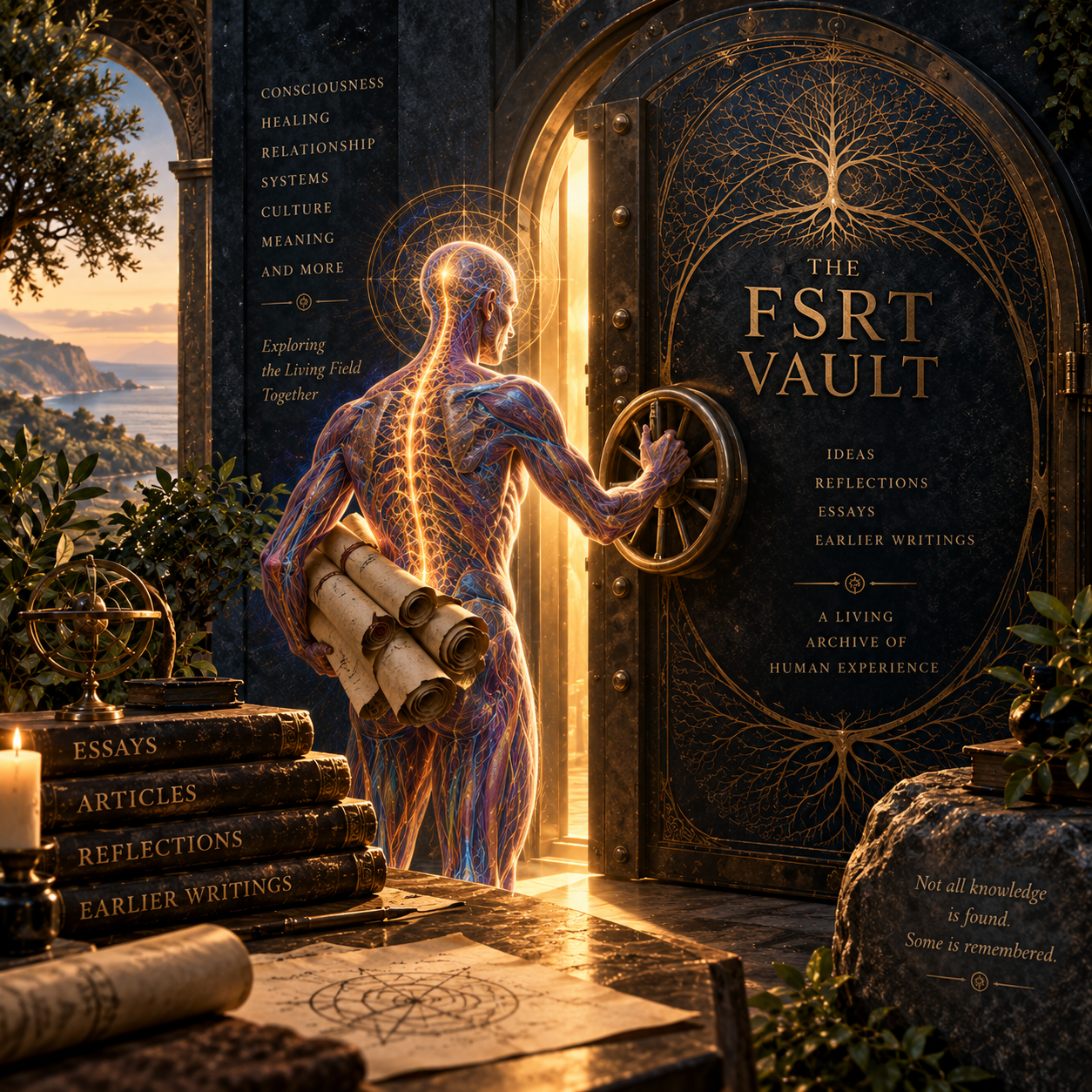 The FSRT Vault, depicting a human figure carrying scrolls into an archive of essays, reflections, and earlier writings from Functional Systems Regulation Theory.