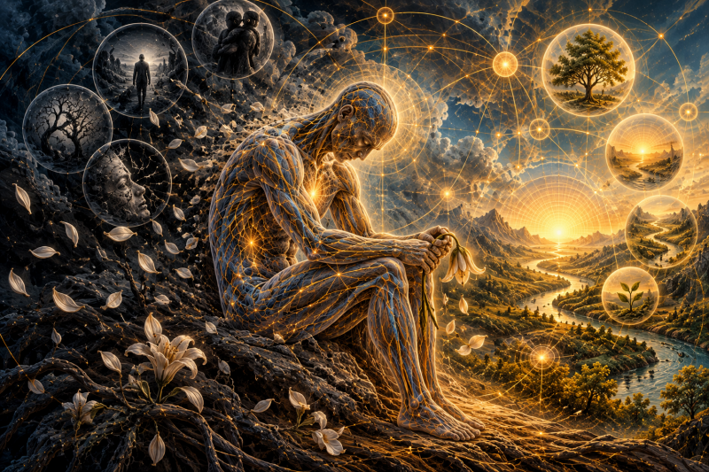 FSRT illustration of grief, loss, and the reorganization of the Living Field, representing mourning, attachment, change, and the gradual emergence of renewed participation.