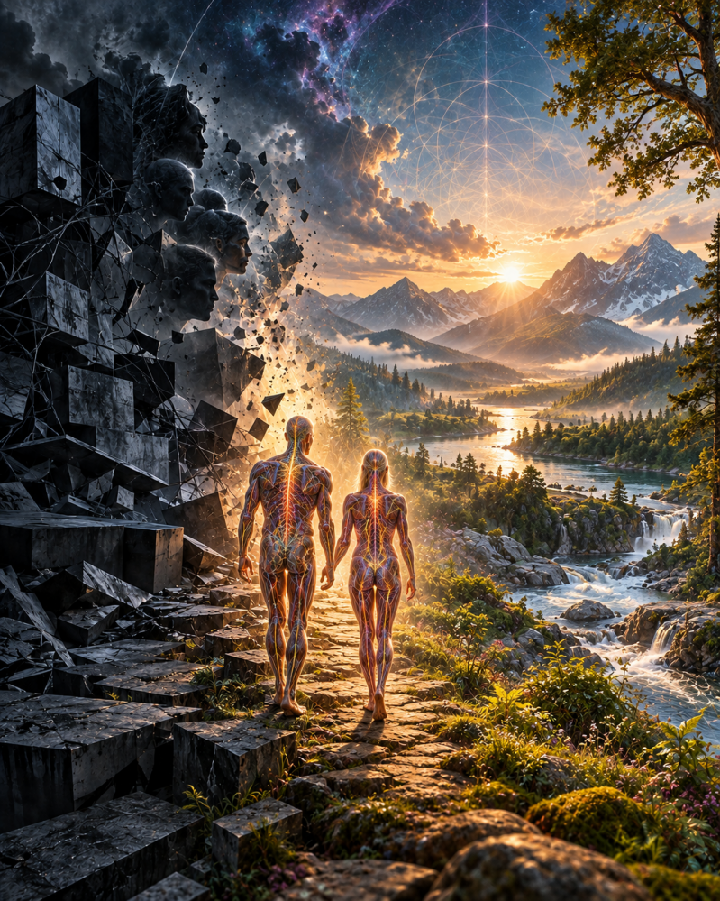 A symbolic representation of a new approach to treating co-occurring mental health and substance use disorders, emphasizing integrated psychotherapy, ketamine-assisted treatment, human connection, and sustainable psychological reorganization through the l