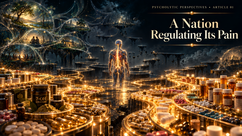A Nation Regulating Its Pain, depicting an isolated human system surrounded by disconnected elements of the Living Field and abundant pathways to pharmaceutical relief.