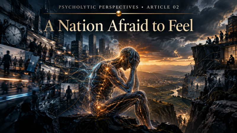 A Nation Afraid to Feel, depicting an overwhelmed human system within a fragmented Living Field of social pressure, isolation, digital stimulation, and environmental demands.