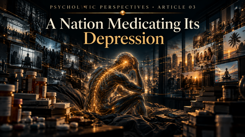 A Nation Medicating Its Depression, depicting an isolated human system surrounded by medication and images of connection, nature, and belonging that remain digitally visible yet experientially distant.