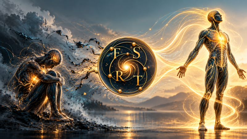 FSRT illustration of trauma as protective reorganization, showing movement from threat-based adaptation toward greater regulatory capacity within the Living Field.