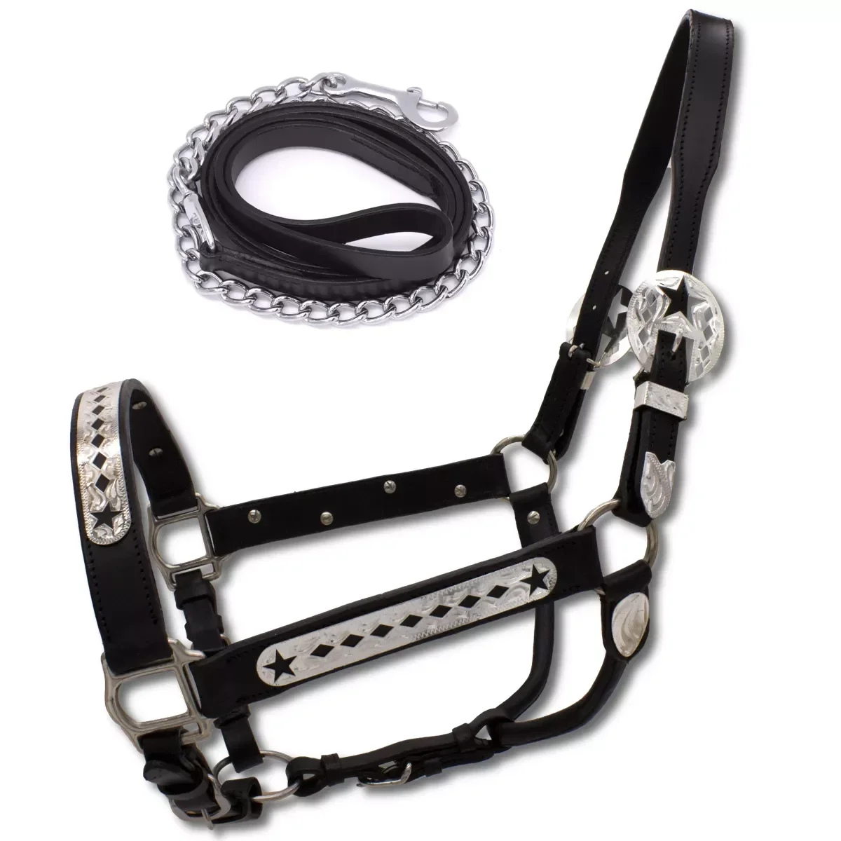 Showhalfter mit Führkette, schwarz, mit Karo und Sternenmuster