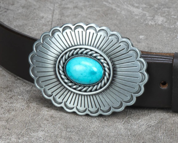 Gürtelschnalle Belt Buckle - Oval Turquoise Stone Scalloped