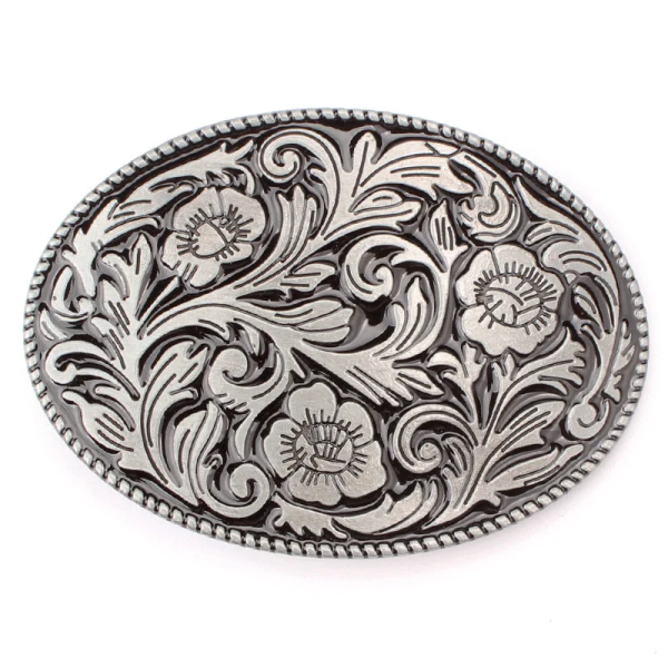 Gürtelschnalle Belt Buckle - Oval - Flower / Grey-Silver