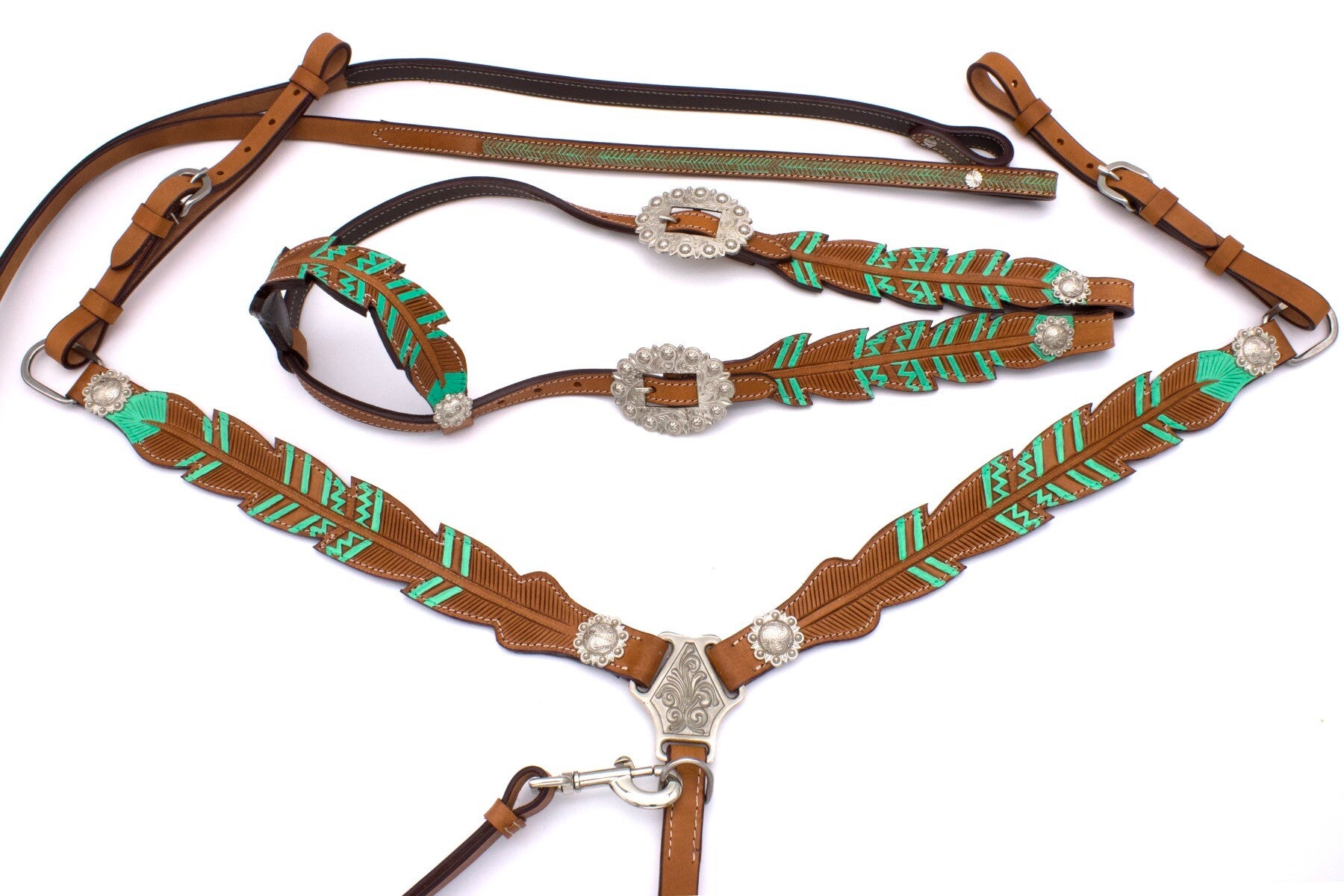 Kopfstück Einohr inkl. Zügel & Vorderzeug "Green Feather"