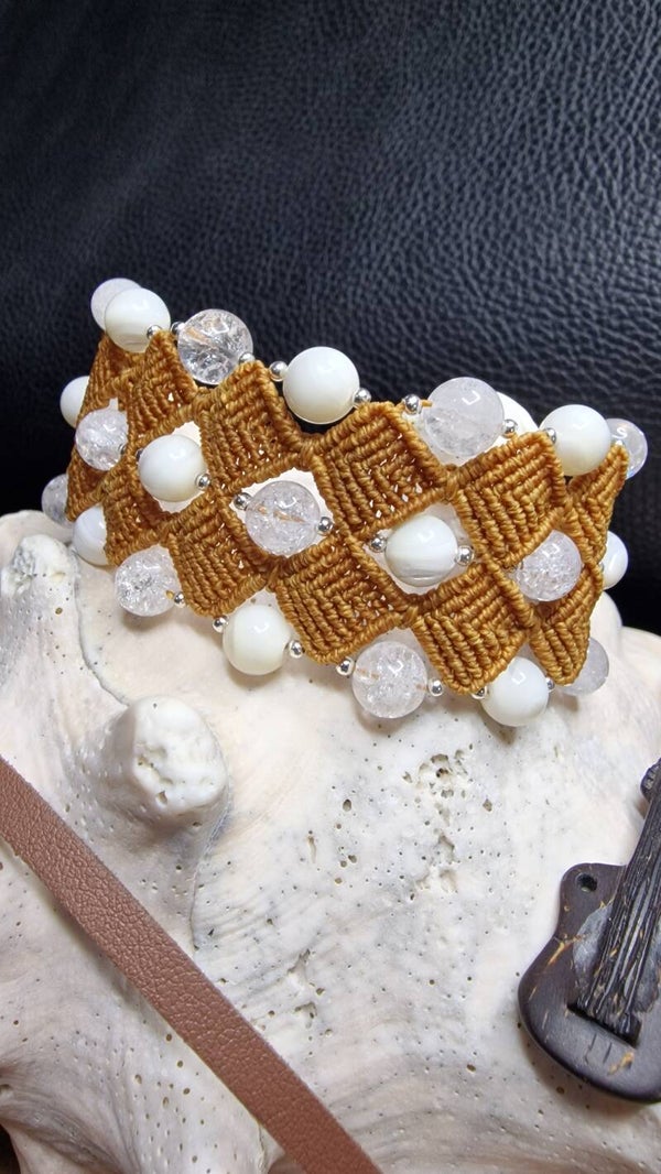 Bracelet Micro-Macramé Manchette Marron Caramel