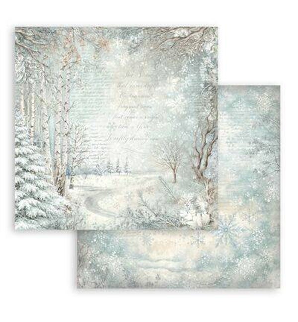 SBB1163 - Stamperia dubbelzijdig scrapbookingvel – White Christmas besneeuwd bos