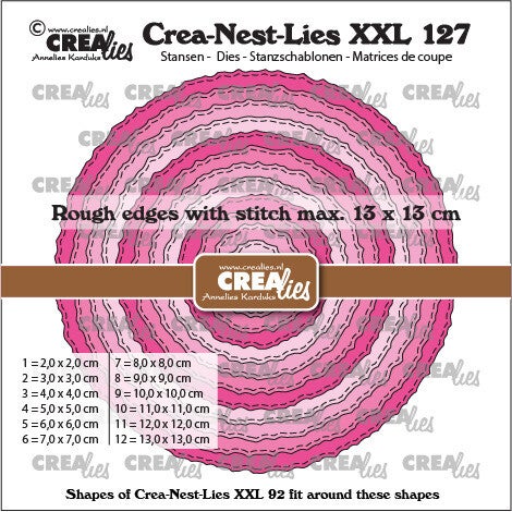 Crealies - Crea-Nest-Lies XXL stansen no. 127, Cirkels met ruwe randen en stiklijn