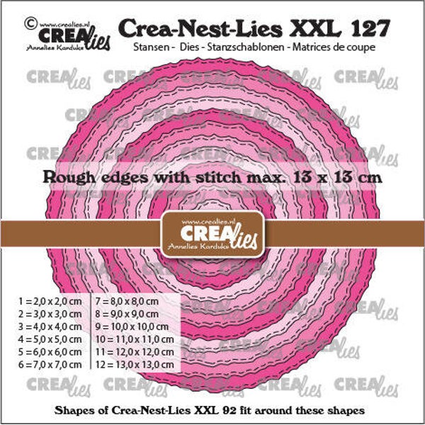 Crealies - Crea-Nest-Lies XXL stansen no. 127, Cirkels met ruwe randen en stiklijn