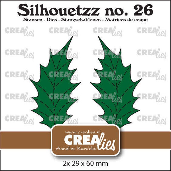 Crealies CLSH26 - Silhouetzz stansen no. 26, Blaadjes 22 Dicht Hulstblad groot met stiksteek en spiegelbeeld