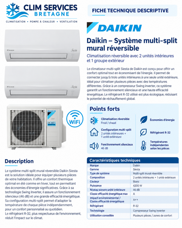 Climatiseur réversible Bi-split DAIKIN Siesta 2AMXF40A 9000+9000 BTU A++