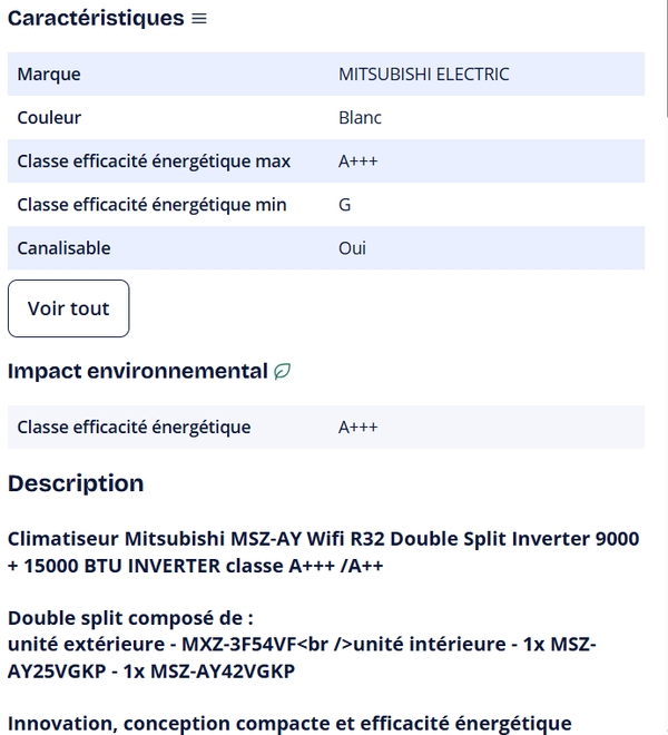 Mitsubishi Electric – Climatiseur réversible double split Inverter 9000 + 15000 BTU – Wi-Fi intégré – R32 classe A+++