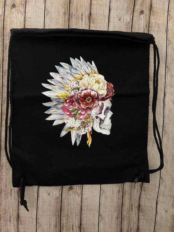 Turnbeutel „Flower Skull“ mit Totenkopf & Blumen – Schwarz