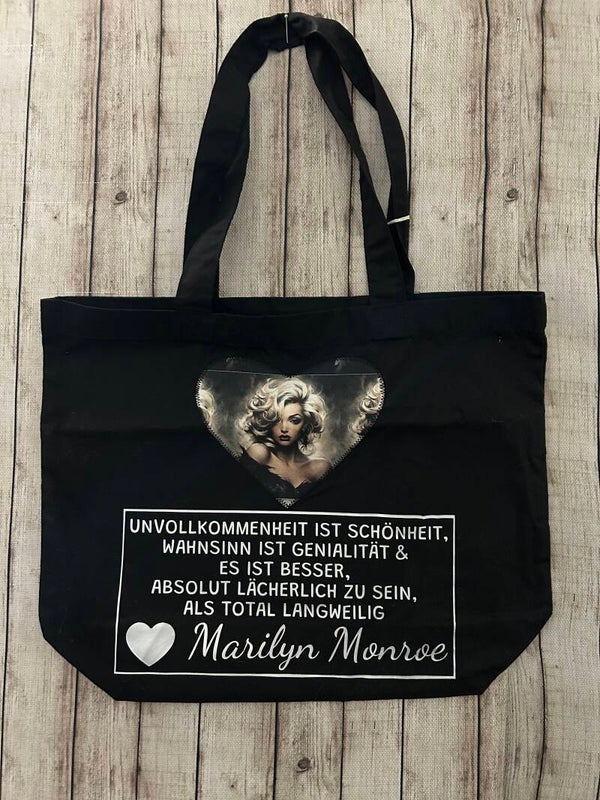 Baumwoll-Shopper „Marilyn Monroe“ mit Statement – Schwarz