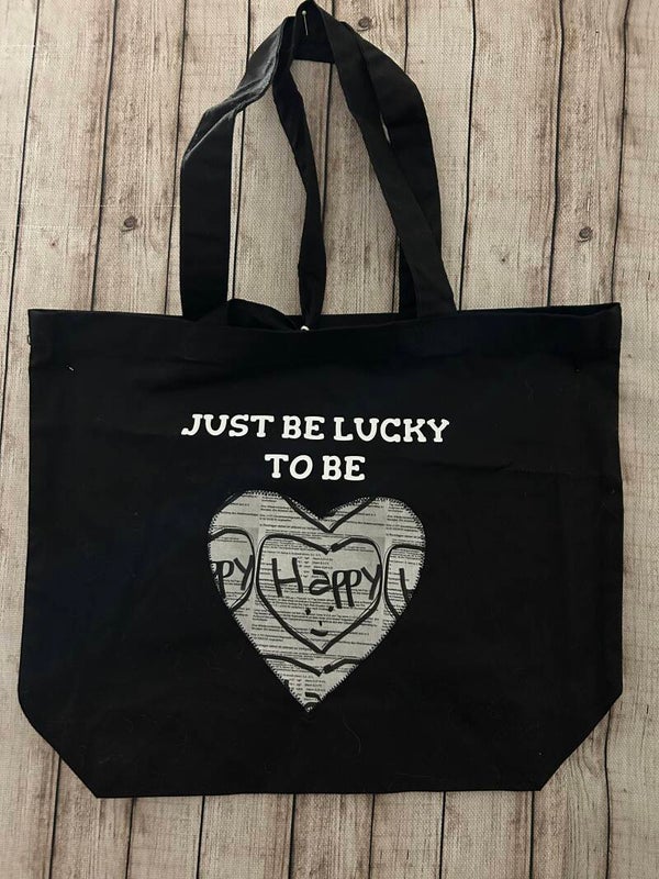 Baumwoll-Shopper „Just Be Lucky to Be Happy“ mit Herzmotiv – Schwarz