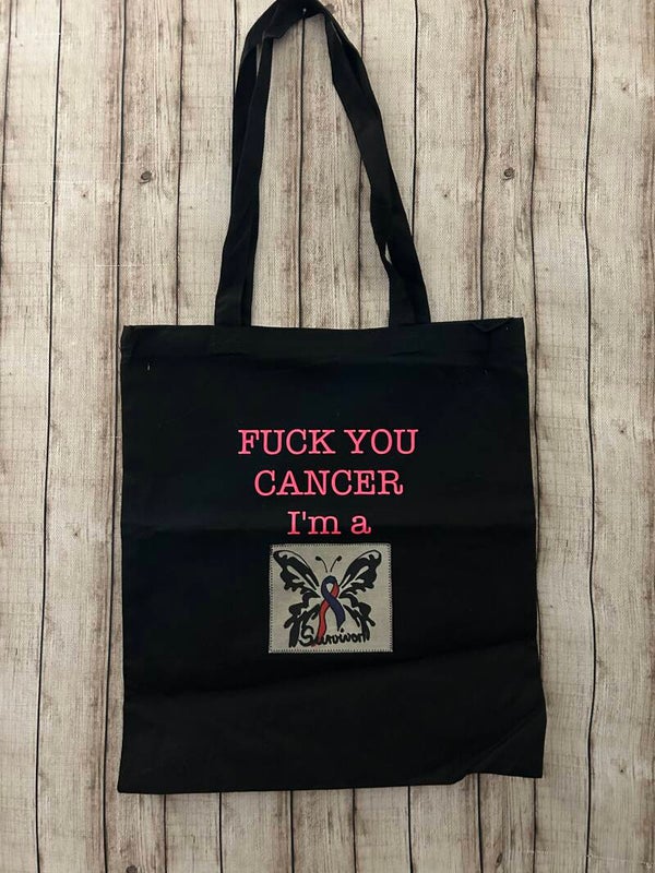 Baumwolltasche „Fuck You Cancer – Survivor“ mit Schmetterling – Schwarz