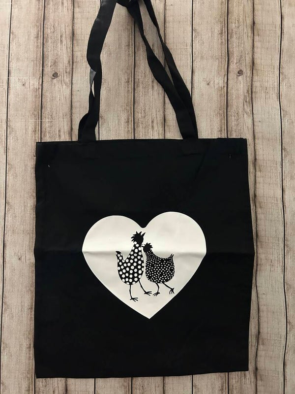Baumwolltasche „Hühnerliebe“ mit Herzmotiv – Schwarz