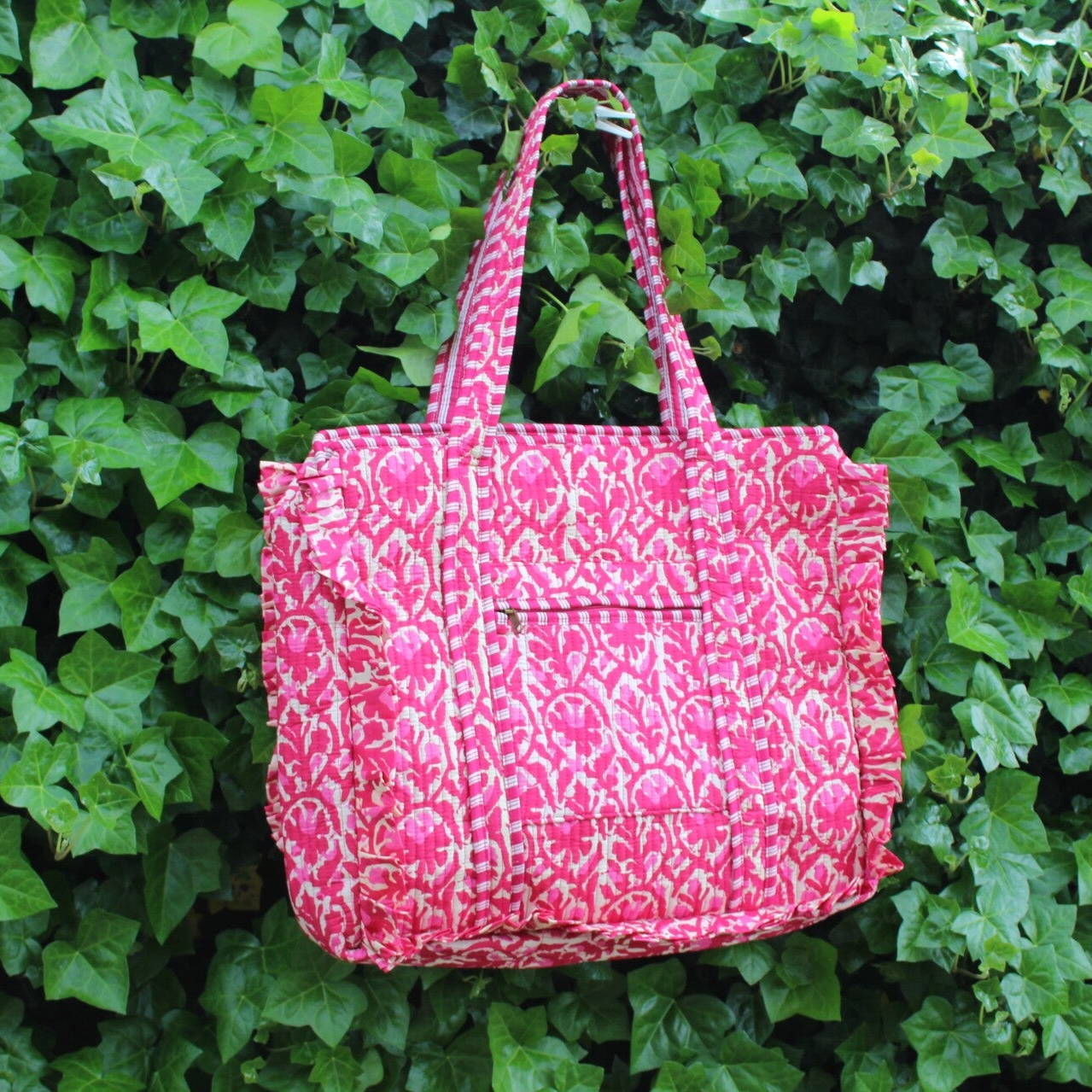 Shopper ruffle roze wit