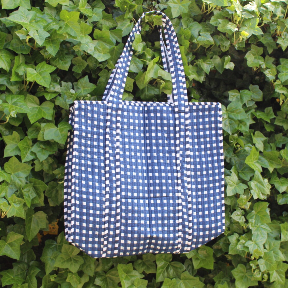 Bohemian shopper blauw wit geblokt