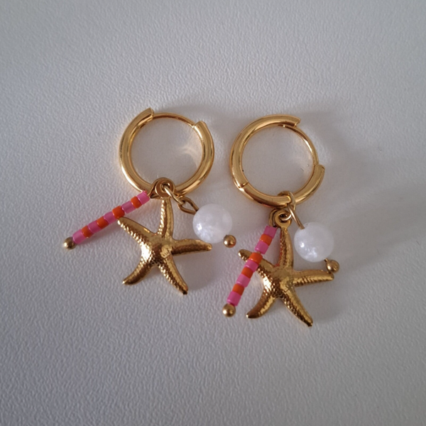 Zeester oorbellen goud roze/oranje