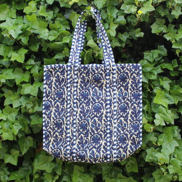 Bohemian shopper blauw wit patroon
