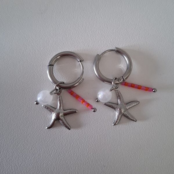 Zeester oorbellen zilver roze/oranje