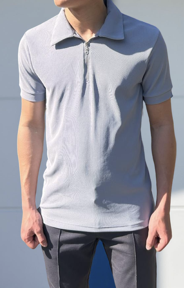 Heren polo shirt met rits grijs