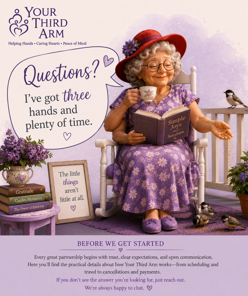 Your Third Arm personal assistant serving Red Deer, Sylvan Lake, Penhold, Innisfail, Bowden, Olds, Sundre and Didsbury.