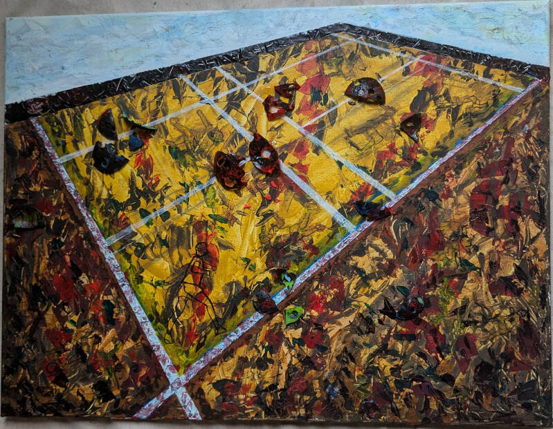 "war at the pickleball court" "pickleball mixed-media art"