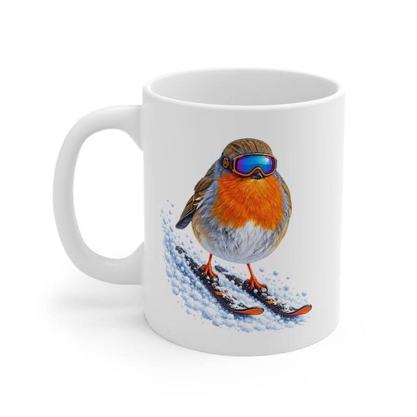 Ceramic mug - Robin on ski's