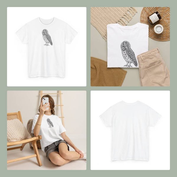 Unisex T-Shirt - Curious little owl, black and white
