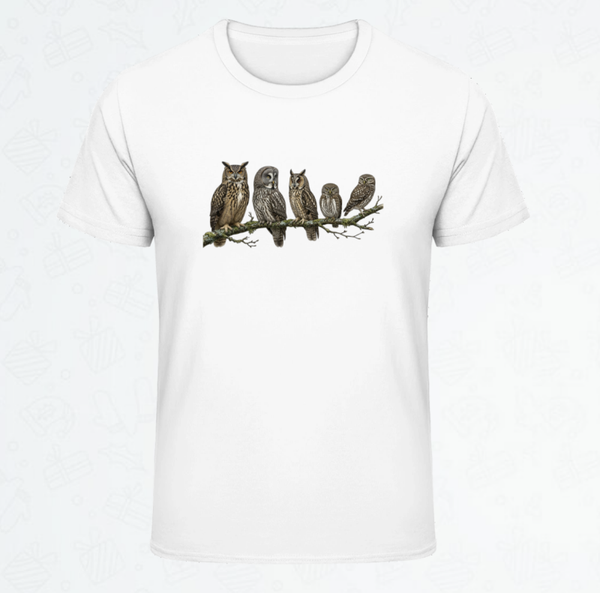 Uniseks T-Shirt - Print met vijf uilen