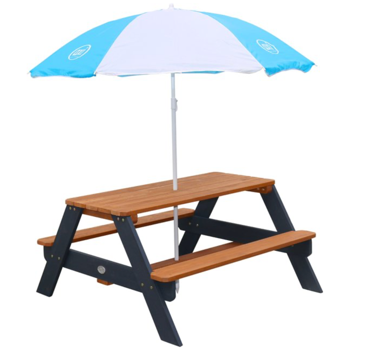 AXI Nick Picknicktafel Antraciet/bruin - Parasol Blauw/wit