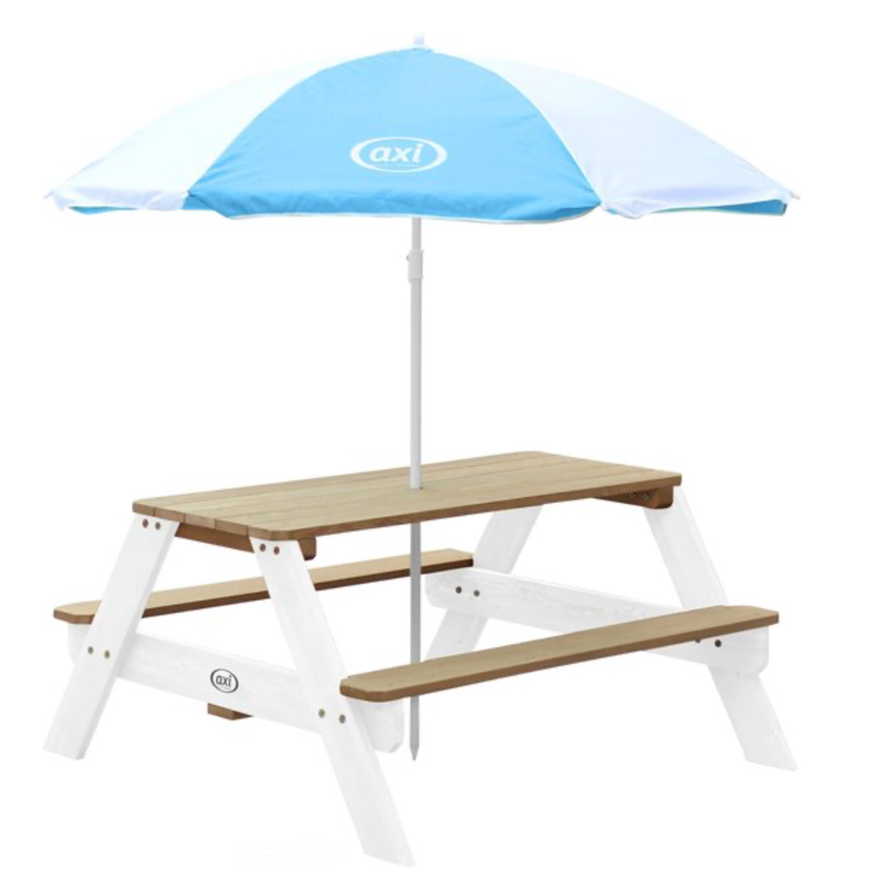 AXI Nick Picknicktafel in Bruin/Wit met Parasol in Blauw/Wit