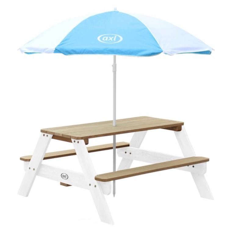 AXI Nick Picknicktafel in Bruin/Wit met Parasol in Blauw/Wit