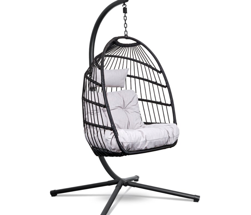 Swoods Egg Hangstoel – Hangstoel met standaard – Egg Chair – tot 150kg – Inclusief Beschermhoes – Zwart/Lichtgrijs