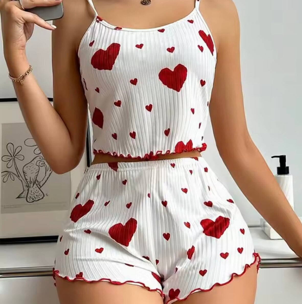 Conjunto de pijamas para mujer Ropa de dormir 2 piezas Camisetas sin mangas cortas y pantalones cortos S M L Blanco Ventilar Suave Casual Impresión de amor
