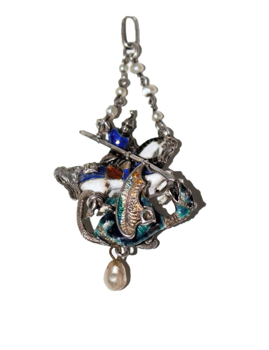 Pendentif Saint Georges Terrassant Le Dragon En Argent émaillé