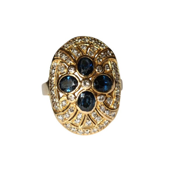 Bague ovale or jaune saphirs diamants