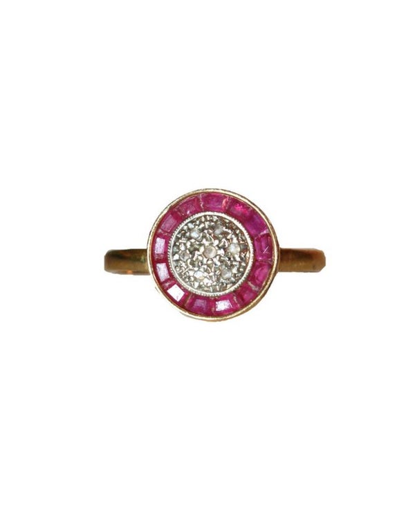 Bague Art Déco Ronde Rubis Et Diamants Roses
