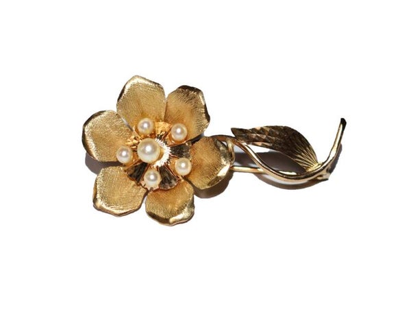 Broche Fleur Rétro Or Jaune Et Perles
