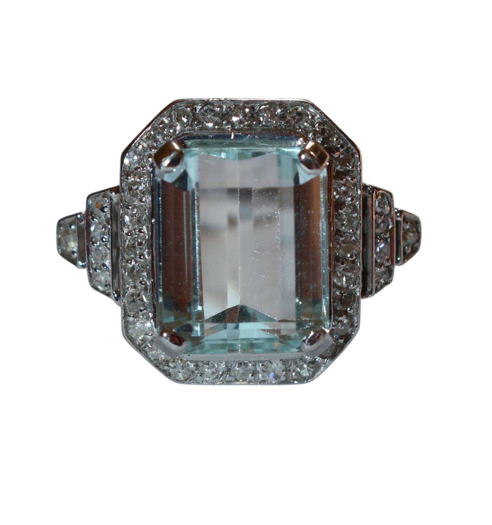 Bague Art Déco or blanc aigue-marine diamants