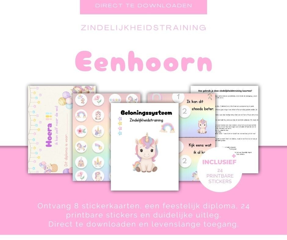 Zindelijkheidstraining Stickerkaarten – Eenhoorn Thema (8 kaarten + diploma + printbare stickers