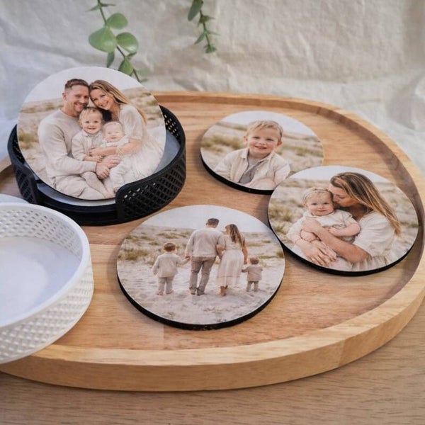 Gepersonaliseerde onderzetters met foto (6 stuks) + houder